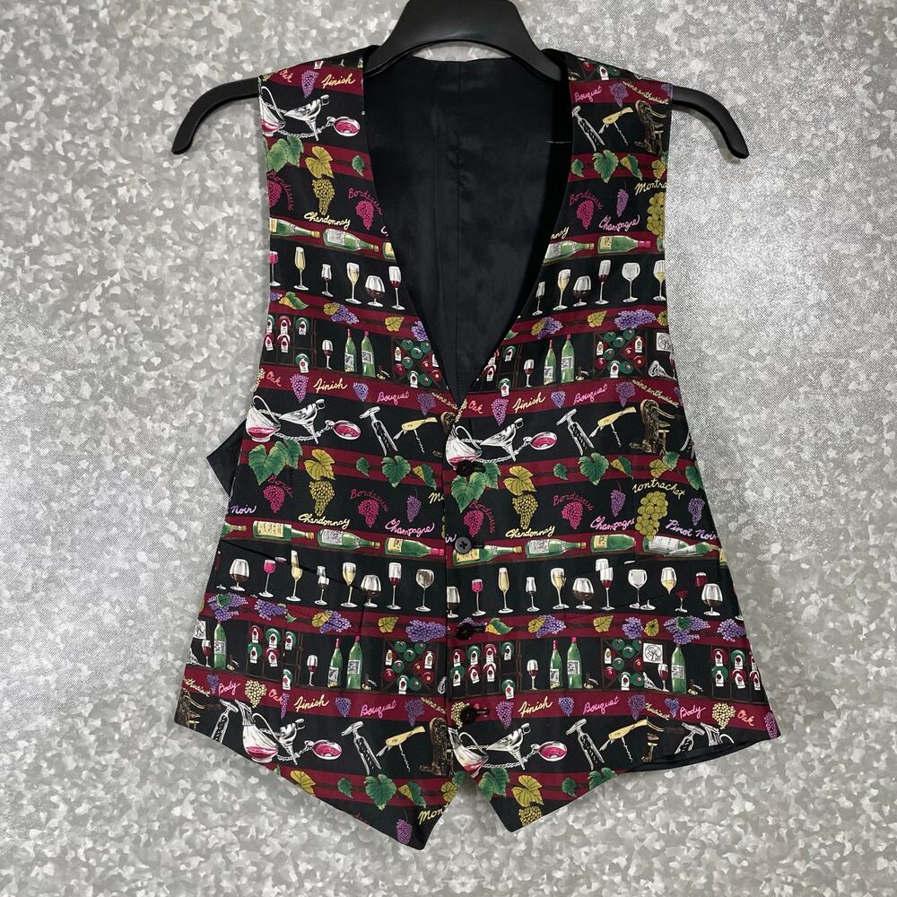 Vintage Unisex Wine Themed Black & Colorful Vest - Size Medium/Large - 1990's